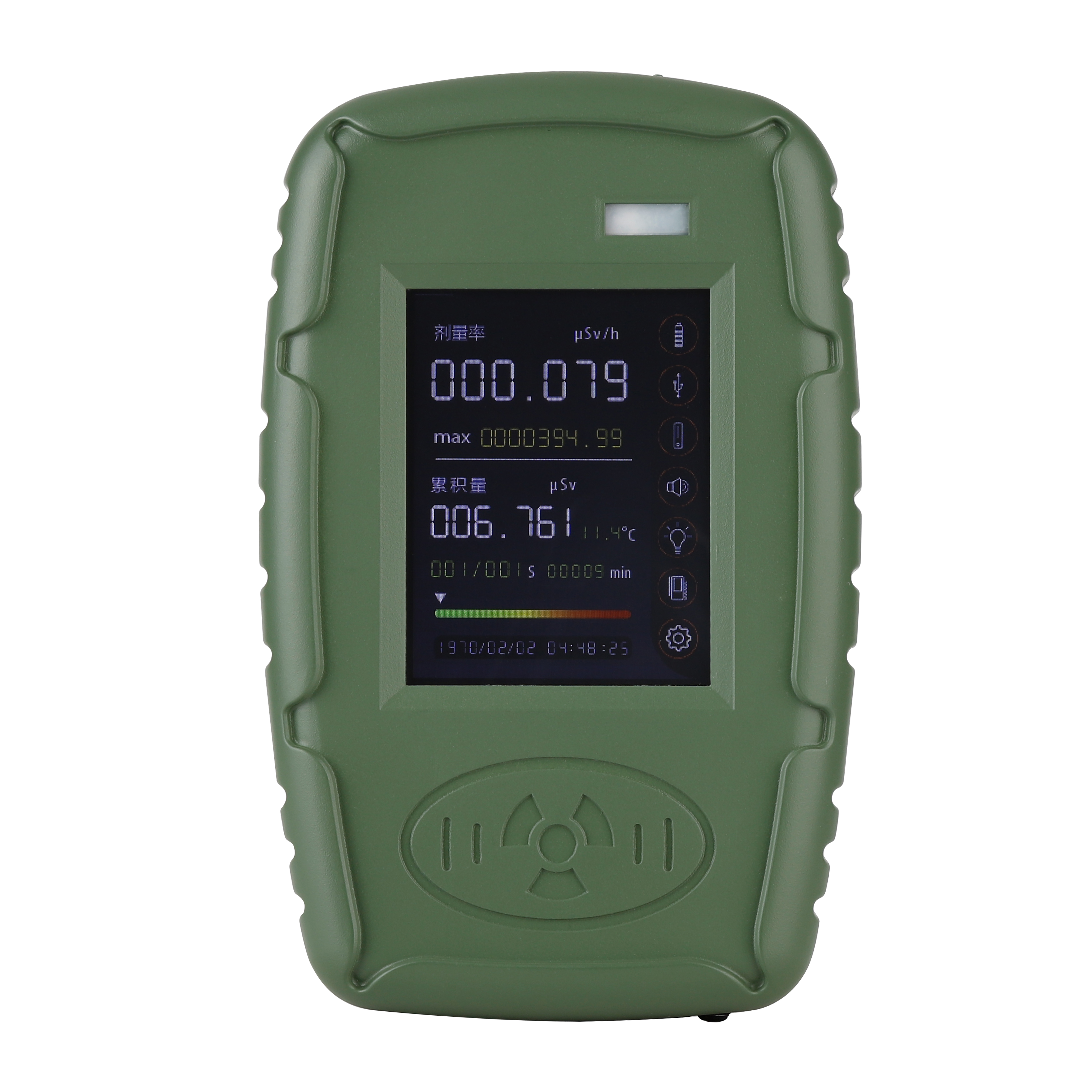 ㆍ实时快速检测 X、γ、硬β射线 <br />
ㆍ内置“盖革-弥勒计数管” & “温度传感器” <br />
ㆍ高灵敏度，高量程，高精度 <br />
ㆍ高亮度2.4寸真彩触摸屏 <br />
ㆍ可测量环境综合核辐射量，支持送检计量院